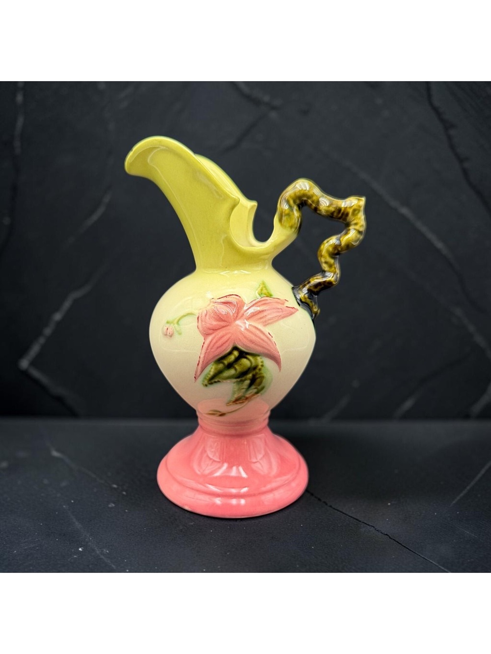 Vintage Floral Ceramic Ewer Pitcher Pink Green Applied Flower Twisted Handle 7"